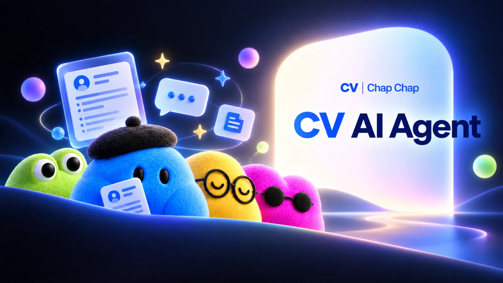 Colourful AI characters with a CV and chat bubbles next to the CV AI Agent title