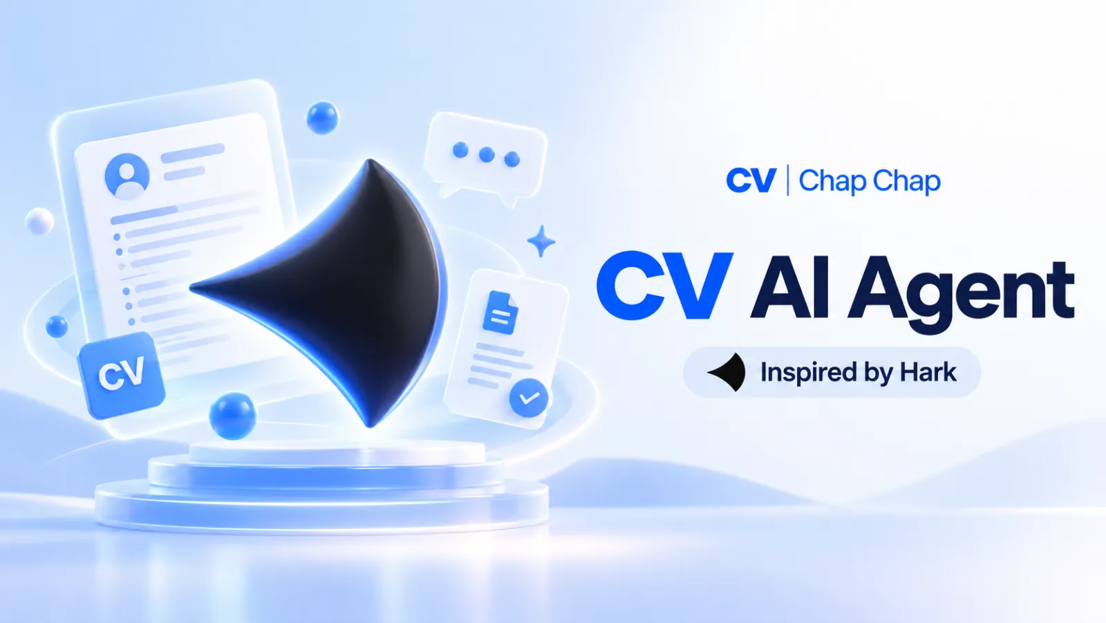 CV AI Agent illustration with a CV, chat bubble and document on a glass stand