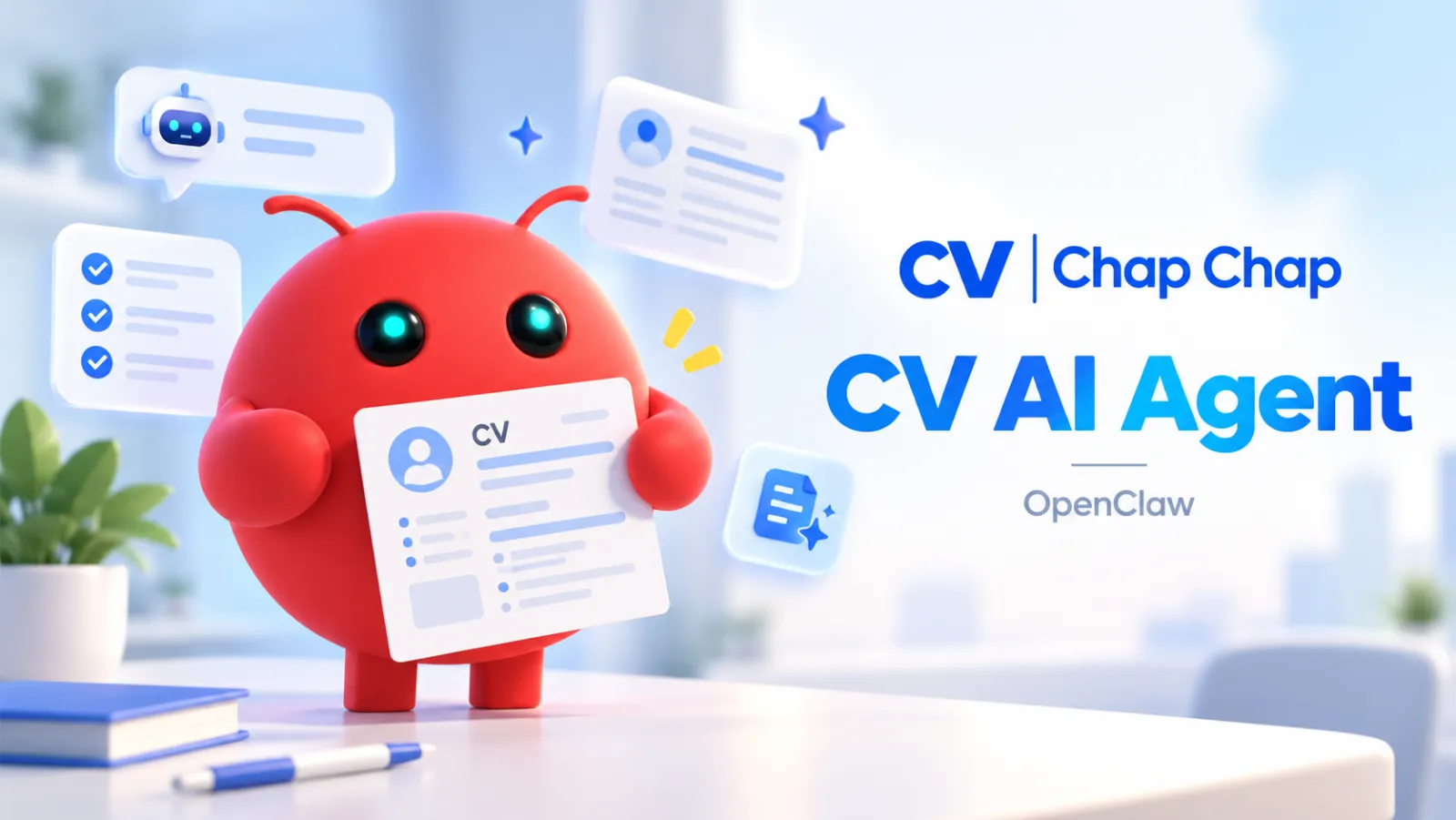 Red round AI character holding a CV at a desk, CV AI Agent illustration inspired by OpenClaw