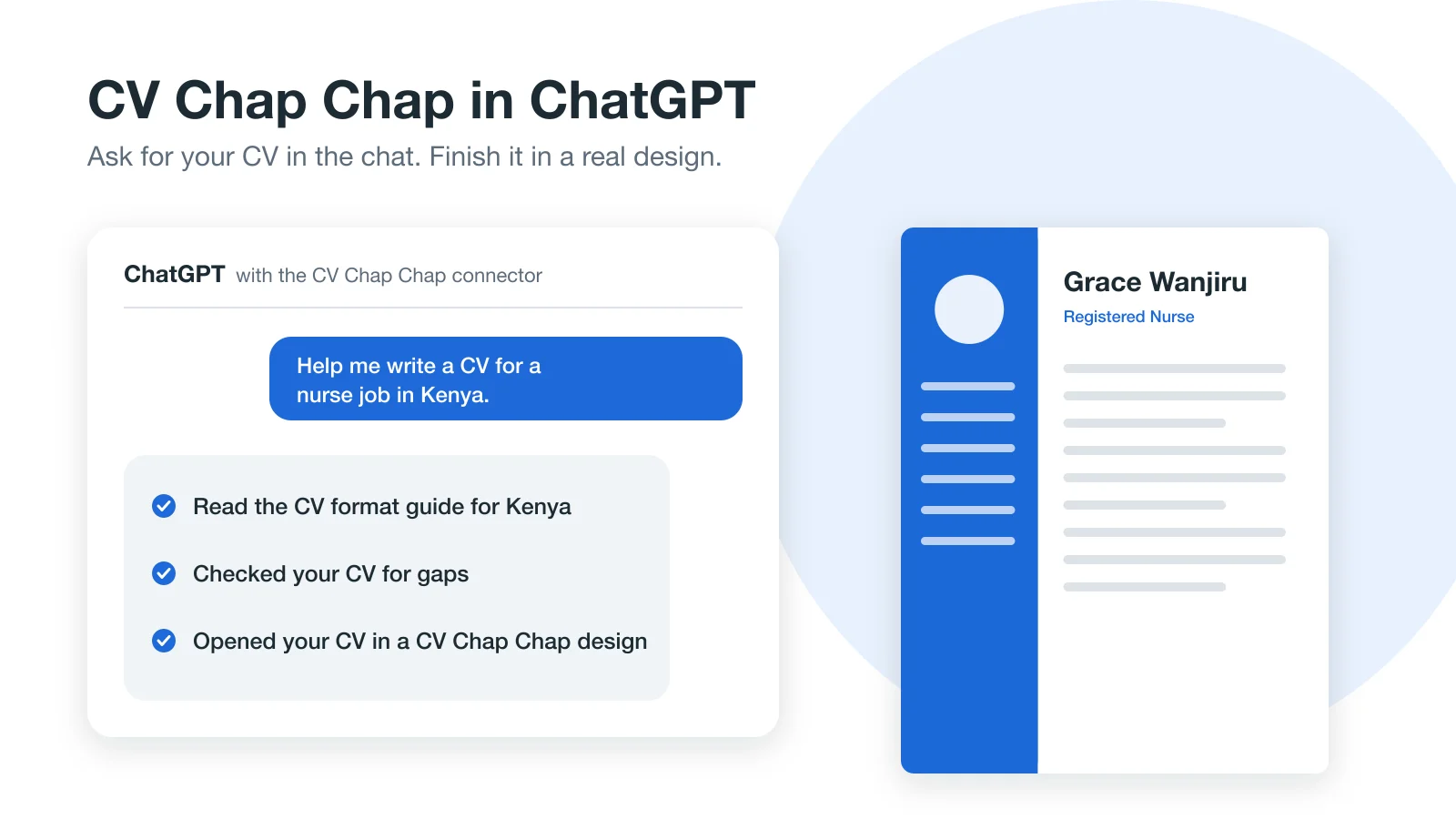 A ChatGPT chat asking for a nurse CV for Kenya, the CV Chap Chap steps it took, and the finished CV