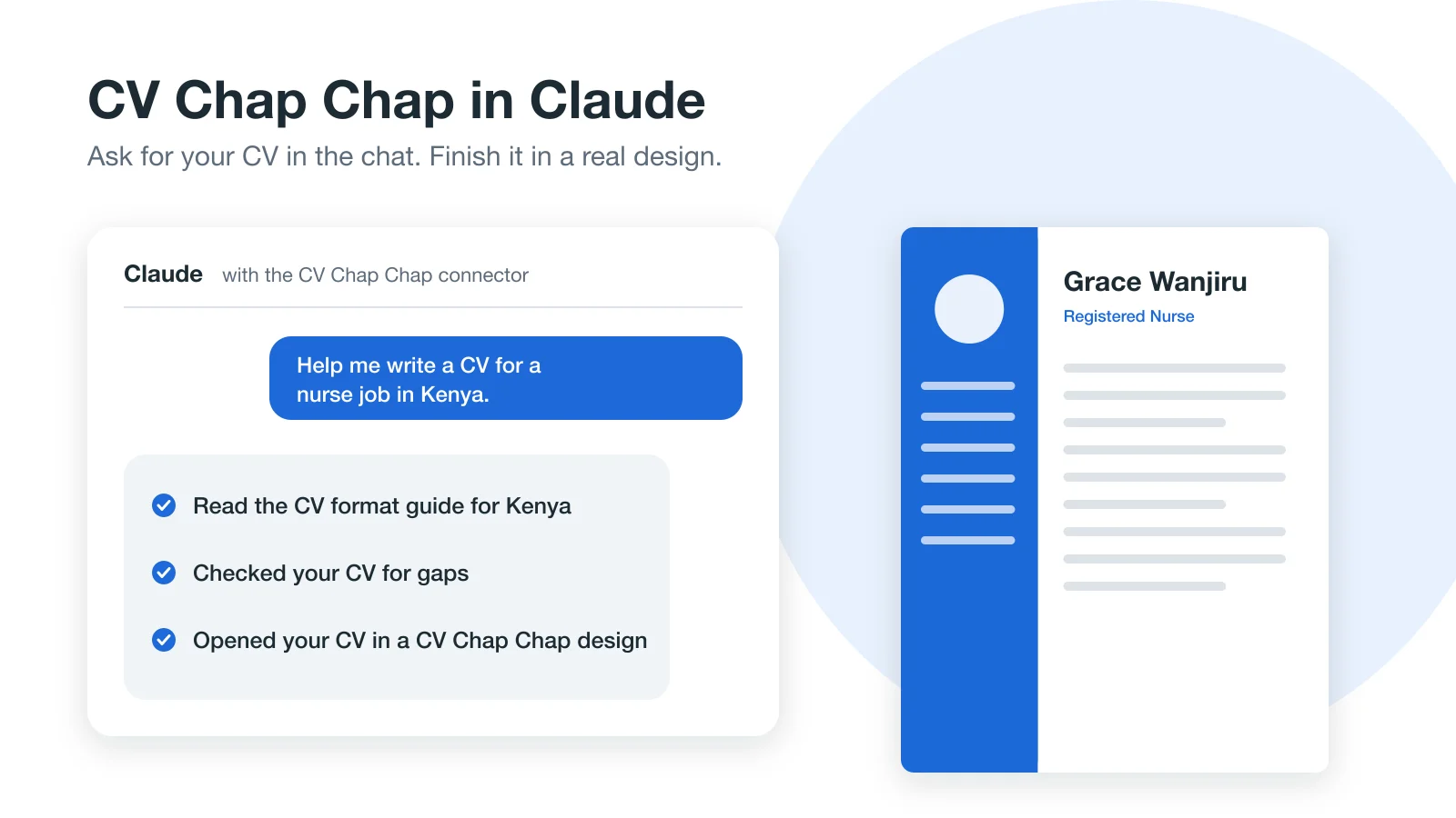 A Claude chat asking for a nurse CV for Kenya, the CV Chap Chap steps it took, and the finished CV