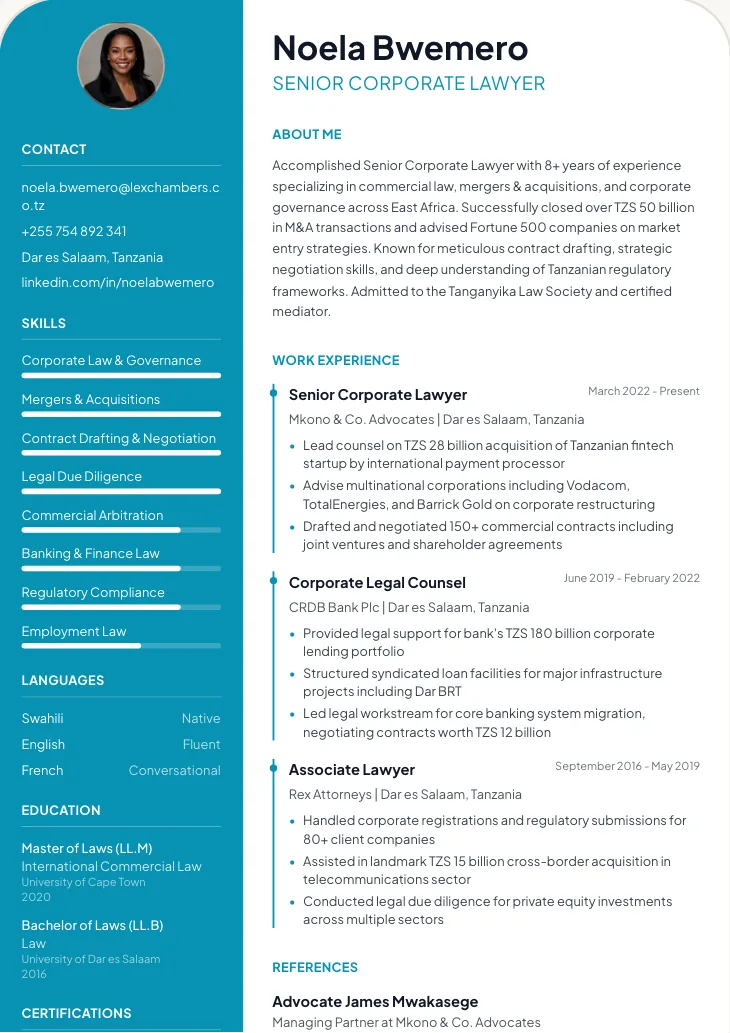 A finished CV in the Pomboo template, with photo, contact details, work history and skills